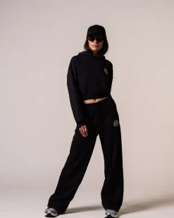 Crop Hoodie + Straight Sweatpants Black SET