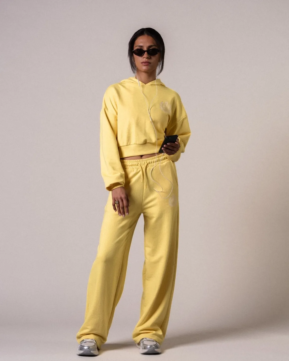 Crop Hoodie + Straight Sweatpants Yellow Lemon