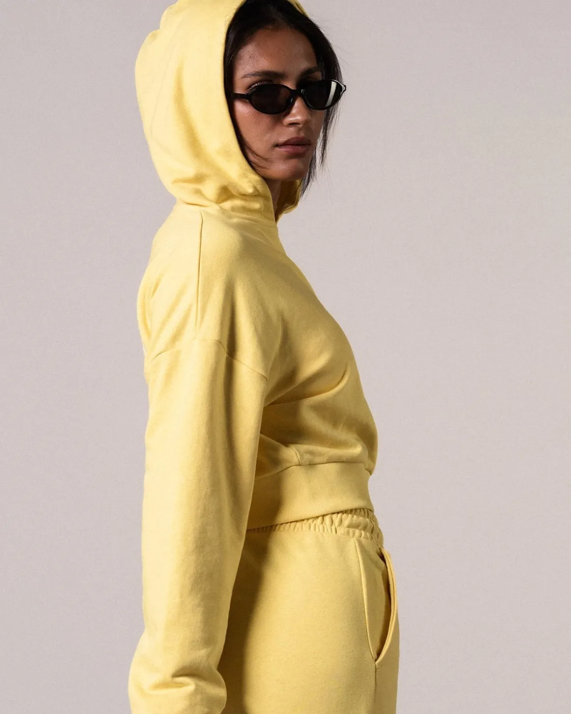 Crop Hoodie + Straight Sweatpants Yellow Lemon