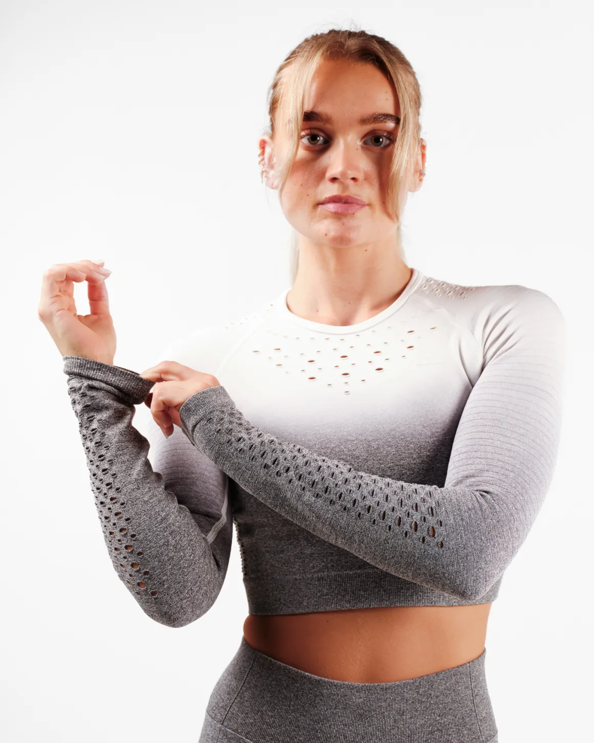 Fade Mesh Seamless Crop LS Black + Grey Ombre 2-PACK