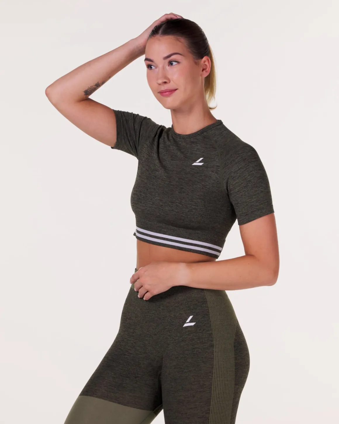 Gravity Logo Seamless Crop Tee Green Olive Marl