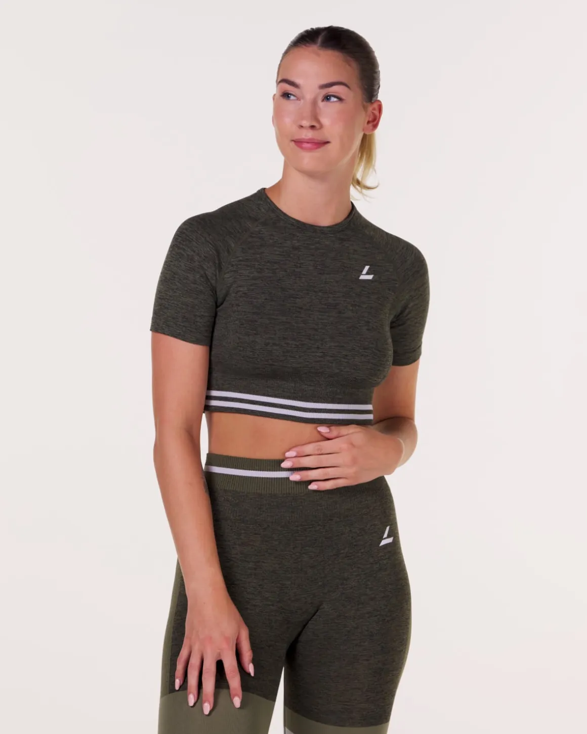 Gravity Logo Seamless Crop Tee Green Olive Marl