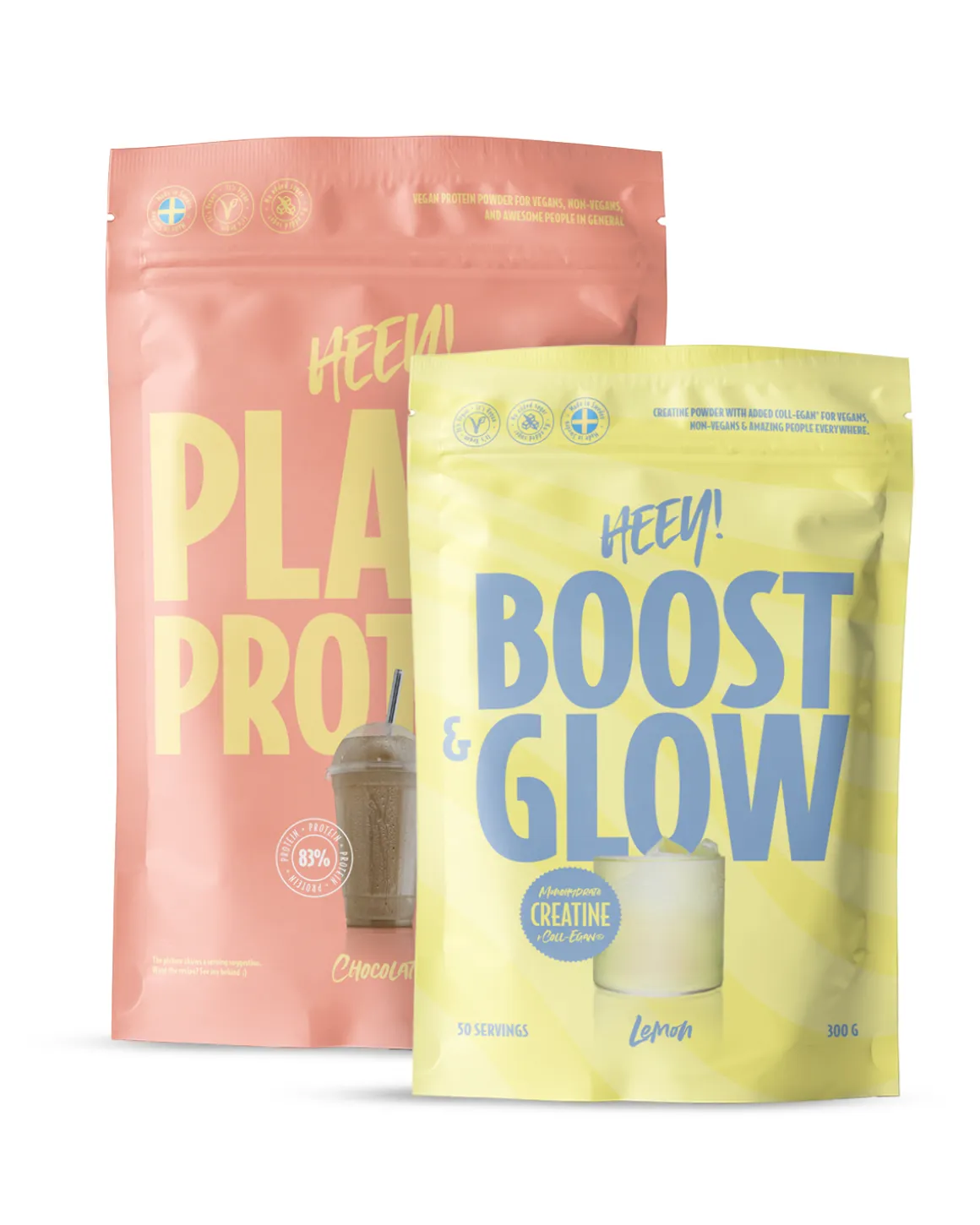 Heey! Vegan Plant Protein Chocolate 500g og Boost & Glow Creatine + Collegan Lemon 300g