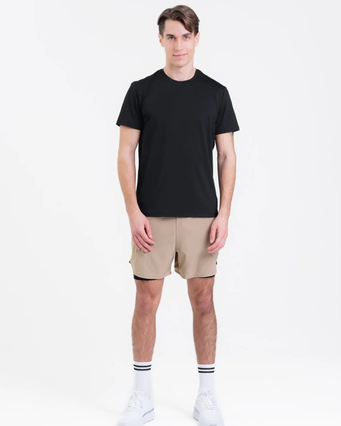 Mesh Tee M Black + Hybrid 2-1 Shorts Beige SET