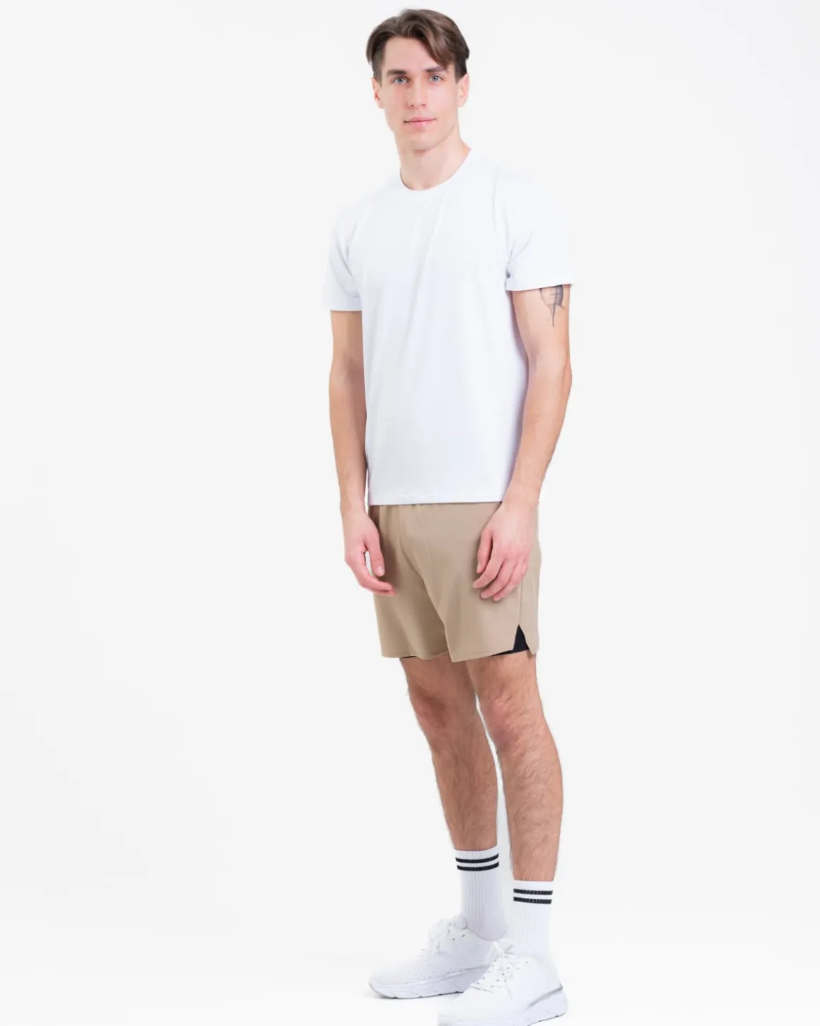 Mesh Tee M White + Hybrid 2-1 Shorts Beige SET