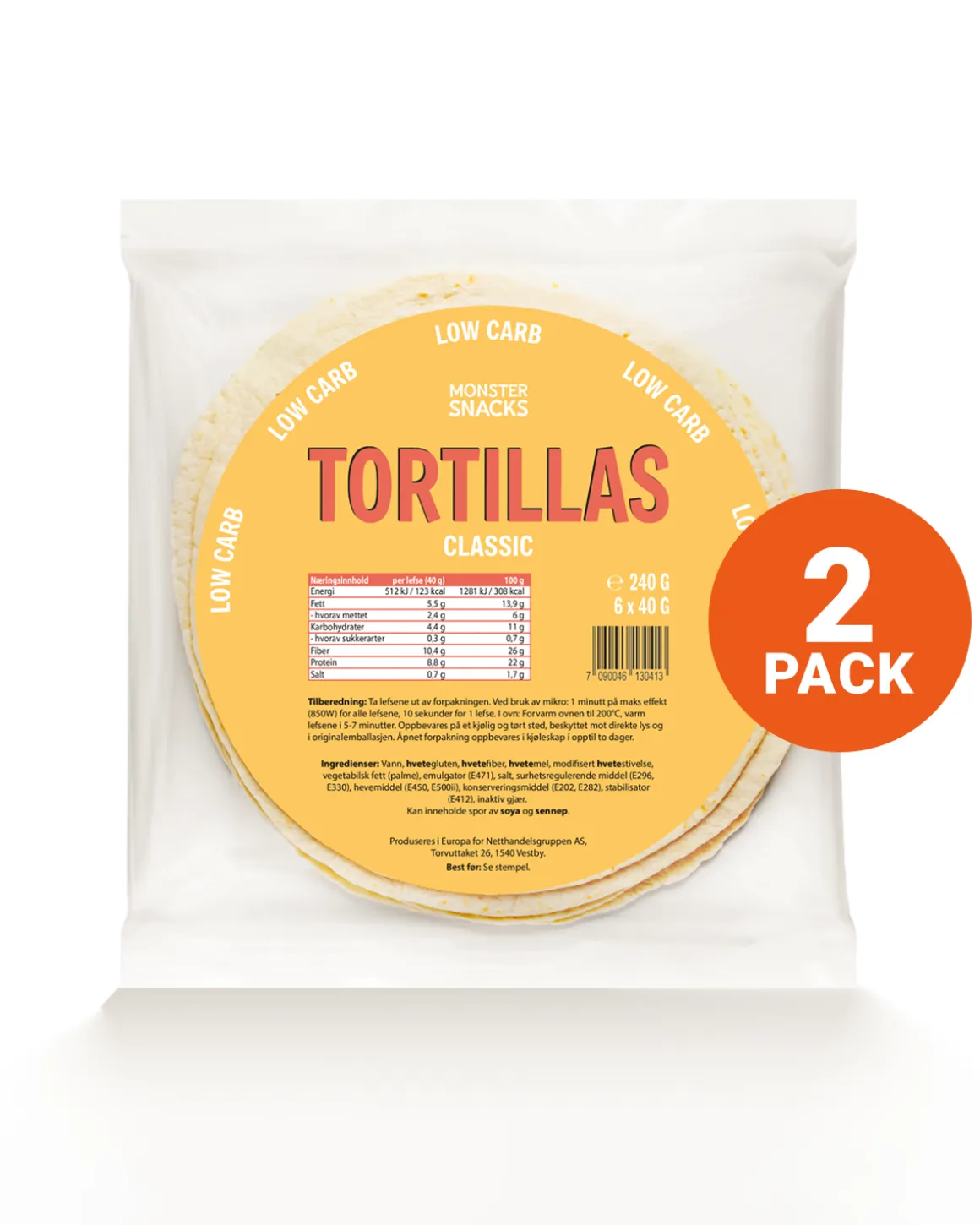 Monster Lavkarbo Tortillas 2-Pack (12 lefser)