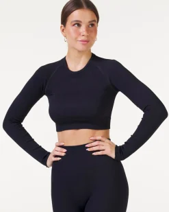 Perfect Rib Frill Crop Long Sleeve Black