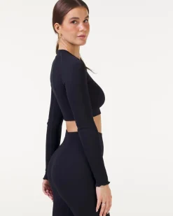 Perfect Rib Frill Crop Long Sleeve Black