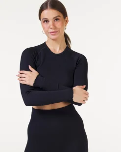 Perfect Rib Frill Crop Long Sleeve Black