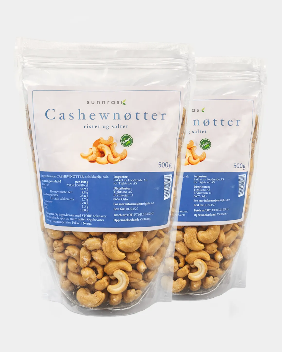 Salte/Ristede Cashewnøtter 2x500g