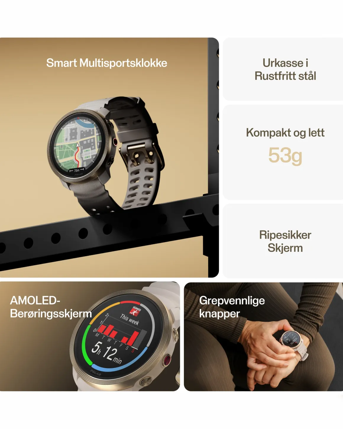 Vantage Treningsklokke M3 Greige/Gull S-L